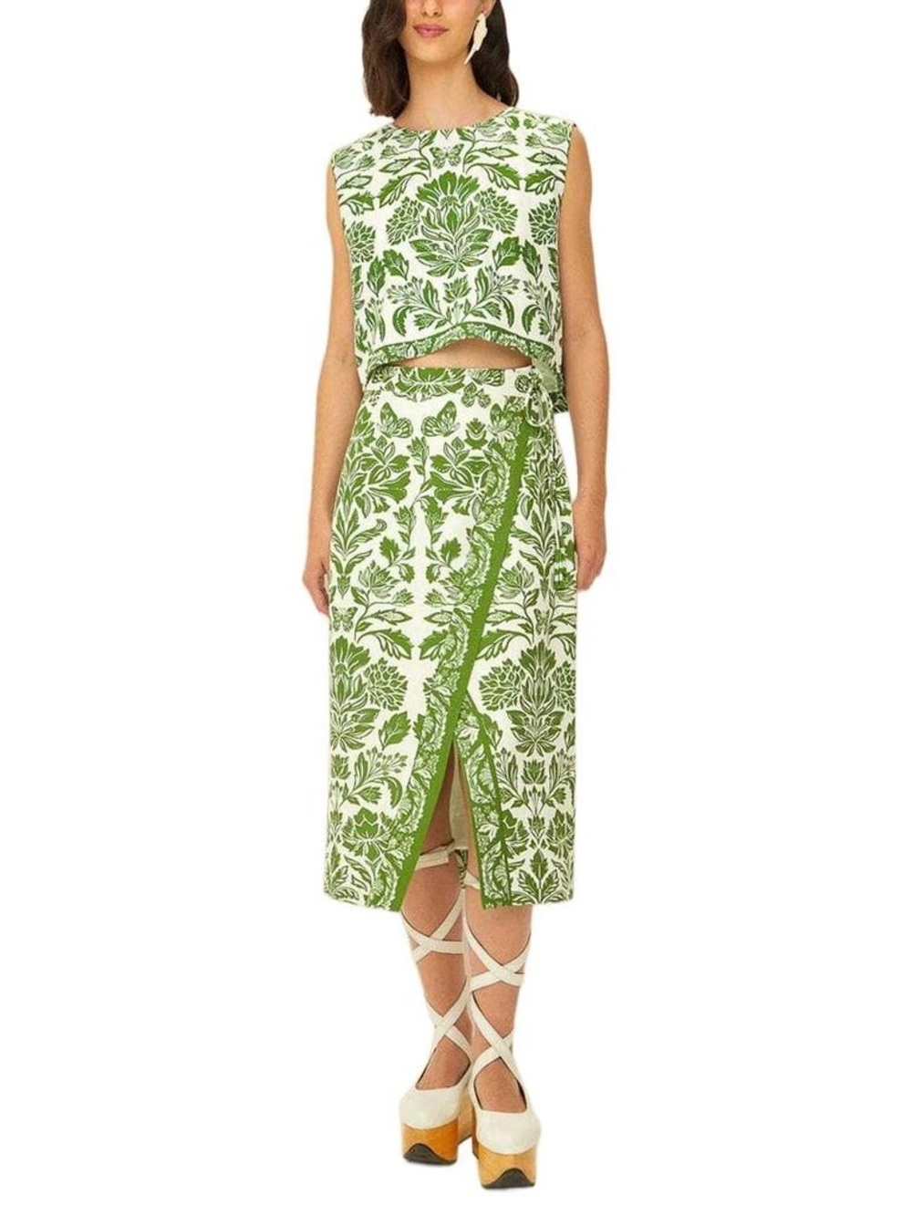 FARM Rio Green and White Floral Wrap-Front Midi Skirt